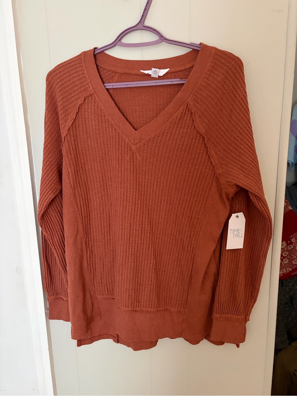 Time and Tru Waffle-Knit V-Neck Sweater in Rust